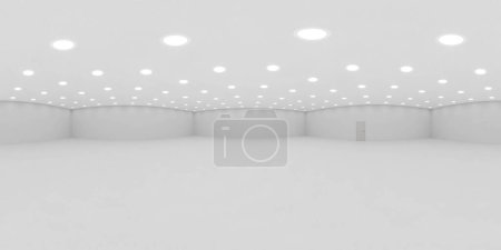A white room filled with numerous bright ceiling lights illuminating the space. The lights create a well-lit environment, casting a stark contrast against the white walls and floors. equirectangular