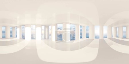 A panoramic, curved corridor with large vertical windows offering a sweeping view of the ocean bathed in the warm light of the setting sun. equirectangular 360 degree panorama vr virtual reality