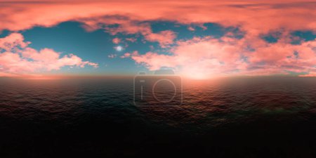 The sun is setting on the horizon, casting a warm orange glow over the ocean waves. The sky is painted with shades of pink, purple, and gold. equirectangular 360 degree panorama vr virtual reality