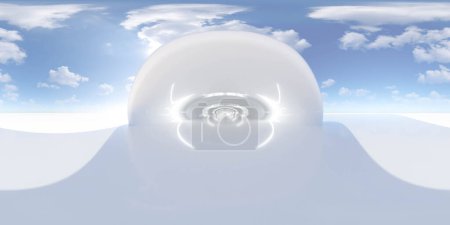 Un gran objeto blanco se destaca contra el cielo azul claro. El objeto domina la escena, atrayendo la atención con su marcado contraste contra el cielo. equirectangular 360 grados panorama vr virtual