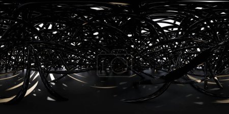 A complex formation of intertwined black strands creates a sense of depth and mystery, as the crisscrossing fibers extend into the darkness. equirectangular 360 degree panorama vr virtual reality