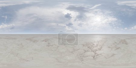 Eine riesige, karge Wüste erstreckt sich unter einem großen, wolkenverhangenen Himmel in Richtung Horizont. Die Sonne scheint hoch, was darauf hindeutet, dass es um die Mittagszeit ist. equirectangular 360 Grad panorama vr virtual reality