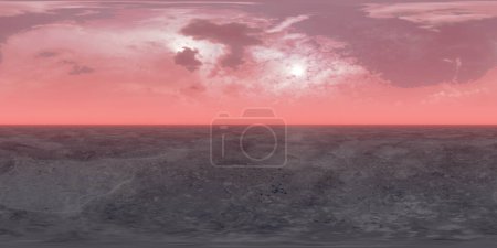 A breathtaking view of the sun setting over a vast desert, casting a warm glow with a palette of pink and purple hues across the skies. equirectangular 360 degree panorama vr virtual reality content