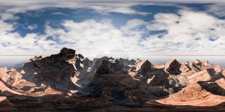 A group of towering mountains stretch towards the cloudy sky, showcasing their rugged peaks and jagged edges. The thick clouds cast dramatic shadows over the rocky terrain. equirectangular 360 degree