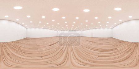 Foto de Esta amplia sala cuenta con un suelo de madera curvada que se extiende hasta las paredes, bajo un techo con filas de iluminación empotrada con tonos cálidos de la madera y un ambiente luminoso. equirectangular 360 - Imagen libre de derechos