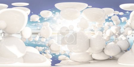 Eine Ansammlung weißer Objekte schwebt in der Luft und scheint der Schwerkraft zu trotzen. Sie schaffen einen faszinierenden und geheimnisvollen Anblick, ihre Schwerelosigkeit kontrastiert mit ihrer Umgebung. gleicheckige 360