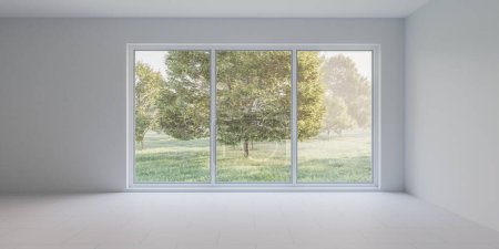 Photo for A view of an empty room with a sizeable window, offering a clear sight of a vast field outside. The room is bare, with no furniture, and the window frames the green landscape beyond. - Royalty Free Image