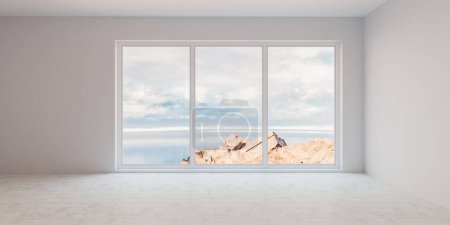 Ein leerer Raum mit einem großen Fenster, das einen atemberaubenden Blick auf den Ozean bietet. Der Raum ist unbesetzt, so dass sich der Betrachter durch das große Fenster auf den weiten Ozean konzentrieren kann..
