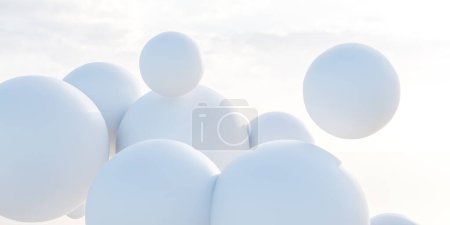 A group of white balls suspended in mid-air, gently floating with no visible support or strings. The balls appear to be weightless and are evenly spaced apart in the empty space.