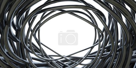 A collection of black wires neatly organized in a circular formation. Each wire consists of multiple strands intertwined, creating a dense cluster. The shiny, metallic surface of the wires reflects