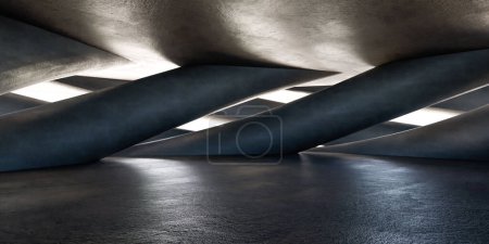 La foto captura las curvas elegantes de una estructura arquitectónica moderna bajo la suave iluminación que viene con la noche. Los materiales elegantes reflejan la interacción de la luz y la sombra creando una