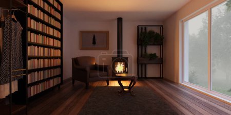 Ein Wohnzimmer ist mit einem Kamin in der Mitte des Raumes positioniert, mit Stühlen und einem Sofa, das den Kamin umgibt. Der Raum wirkt gemütlich und einladend, das Feuer brennt hell.