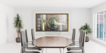 Ein eleganter, moderner Konferenzraum verfügt über einen großen ovalen Holztisch, der von vier glänzenden Chromstühlen umgeben ist. Zwei grüne Topfpflanzen flankieren ein ansehnliches abstraktes Gemälde an der weißen Wand und bieten