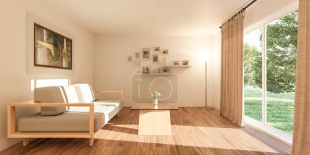 The living room is filled with furniture such as sofas, chairs, tables, and shelves. The wooden floor adds warmth to the space, creating a cozy atmosphere.