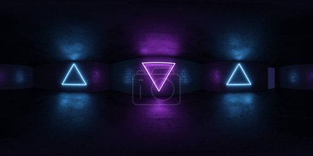 A collection of bright neon lights glowing in a dimly lit room, casting vibrant colored beams against the darkness. The lights create a striking contrast. equirectangular 360 degree panorama vr