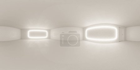Dieser moderne, minimalistische Raum verfügt über einen leeren Raum mit glatten weißen Wänden, die sich an den Ecken wölben, beleuchtet von einzigartigen, länglichen, rechteckigen Leuchten mit gleichem 360-Grad-Panorama