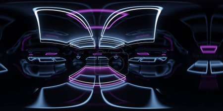 Una pantalla simétrica de luces de neón creando patrones abstractos contra un telón de fondo oscuro. Los vibrantes colores de neón rosa y blanco forman un diseño futurista y artístico equirectangular 360 grados