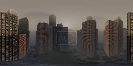 Eine Gruppe hoher Gebäude steht nebeneinander in einem urbanen Stadtbild. Diese Strukturen sind hoch und modern und überragen die umliegende Umgebung. equirectangular 360 Grad panorama vr virtual