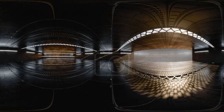 Photo for A captivating display of light filters through a metallic structure, creating intricate patterns on the floor of a dark, expansive hallway. equirectangular 360 degree panorama vr virtual reality - Royalty Free Image