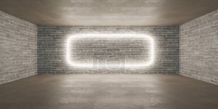 An empty room with brick walls illuminated by a neon light hanging from the ceiling. The room appears stark and industrial, with no furniture or decorations present equirectangular 360 degree panorama
