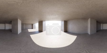Der Raum scheint sich in einen Tunnel verwandelt zu haben, mit nach innen gewölbten Wänden und der Perspektive, die die Illusion endloser Tiefe vermittelt. equirectangular 360 Grad panorama vr virtual reality