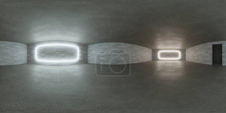 A room with a bright light shining down from the ceiling, illuminating the space below. The light casts shadows on the walls and highlights the furniture in the room. equirectangular 360 degree