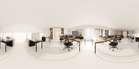 This panoramic view showcases a spacious, well-lit modern office environment with a variety of workstations, ergonomic chairs, and computers. equirectangular 360 degree panorama vr virtual reality