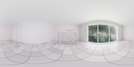 A broad, unfurnished room with a sizeable window offering a view of lush foliage. The rooms walls are bare, and the floor is covered with white tiles. equirectangular 360 degree panorama vr virtual