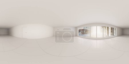 The panoramic view captures a spacious modern interior with minimalist design elements and a monochromatic color scheme accentuated by natural light flooding through large windows. equirectangular 360