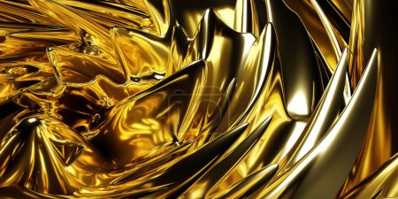 Eine detaillierte Ansicht einer goldglänzenden Metalloberfläche, die Licht reflektiert und komplizierte Strukturen und Muster präsentiert. Die Oberfläche erscheint glatt und makellos, mit einem luxuriösen Glanz, der seine Eleganz unterstreicht