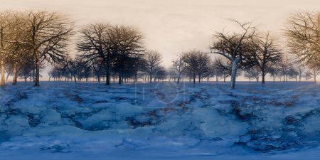 A painting depicting a winter scene with snow-covered trees standing tall against a white backdrop. The branches are weighed down by the thick snow. equirectangular 360 degree panorama vr virtual