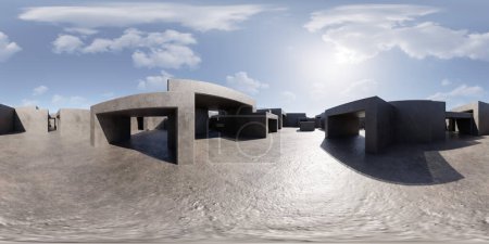 A 3D rendering showcasing a modern building standing prominently in the vast desert landscape, surrounded by nothing but sand and dunes under a clear sky. equirectangular 360 degree panorama vr