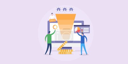 Illustration for Sales funnel software lead generation and digital marketing management revenue concept with character illustration. - Royalty Free Image