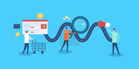 Téléchargez les illustrations : Customer journey concept, successful marketing campaign brings new customer and improving more sales with advertising. - en licence libre de droit