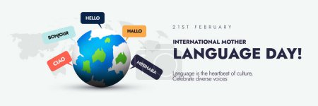 Der Internationale Tag der Muttersprache. 21. Februar Internationaler Tag der Muttersprache: Banner mit Erdkugel und Grußworten in verschiedenen Sprachen zur Förderung von Sprache und Vielfalt.