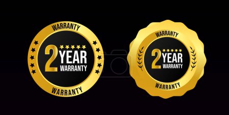 Illustration for 2 years of warranty. Two years warranty card with two different labels, stamps, icons design. 2 years warranty labels, stamp designs in golden and black colour. Quality assurance with warranty card. - Royalty Free Image