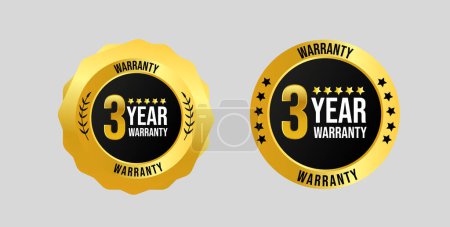 Illustration for 3 years of warranty. Three years warranty card with two different labels, stamps, icons design. 3 years warranty labels, stamp designs in golden and black colour. Quality assurance with warranty card - Royalty Free Image