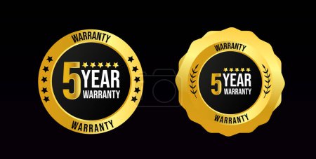 5 years of warranty. Five years warranty card with two different labels, stamps, icons design. 5 years warranty labels, stamp designs in golden and black colour. Quality assurance with warranty card.