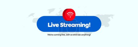 Live-Streaming. Live Streaming Ankündigung Facebook Banner mit Etikett des Streamings auf hellem Hintergrund mit Silhouette Weltkarte. Wir kommen live, schließen uns uns uns an und fragen alles.