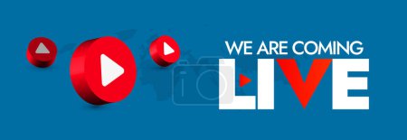 We are live on social media. Live stream announcement Facebook cover banner in blue colour with play button icons in red colour and silhouette world map. We are live, stay tuned and join us.
