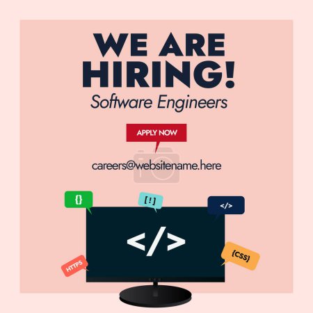 Illustration for We are hiring. We are hiring software engineers announcement banner. Software engineers job vacancy banner with a computer screen having different speech bubbles of coding symbols - Royalty Free Image