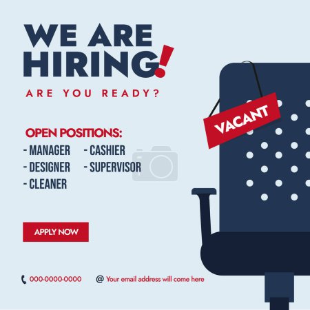 We are hiring. We are hiring announcement banner having empty office chair with vacant sign on it. Hiring post for graphic designer, content writers and marketing managers. Job vacancies post template