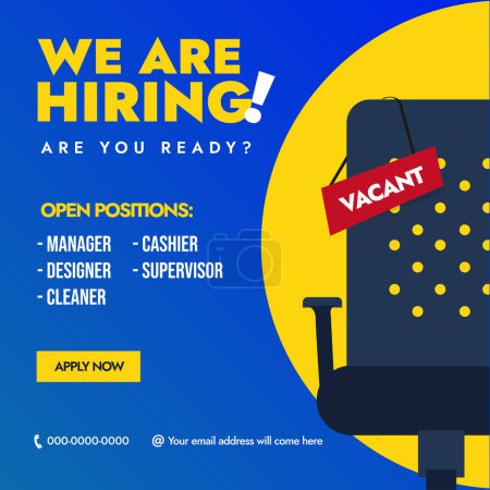 We are hiring. We are hiring announcement banner with an empty office chair with vacant sign. Hiring banner with different job positions of manager, cashier, designer, supervisor, cleaner. Recruiting.