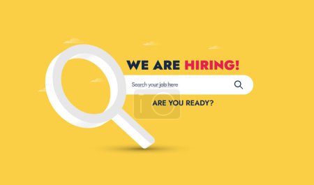We are hiring. We are hiring announcement cover banner in yellow with a magnifying glass and a search bar. Recruitment agency advertising post. Recruitment concept with a search bar to search for jobs