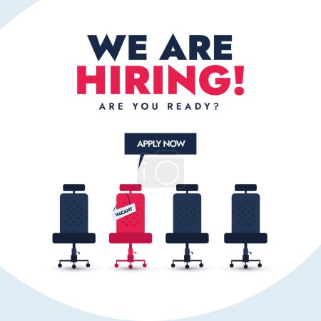 We are hiring cover banner. We are hiring announcement banner with empty office chairs having a vacant sign. Three blue chairs and one red chair with a vacant sign. Job recruitment Facebook post