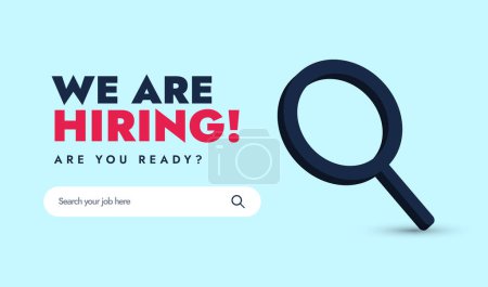 We are hiring, are you ready. We are hiring cover banner with a search bar and big magnifying glass. Search bar text search your job here. Job recruitment Facebook concept banner and social media post