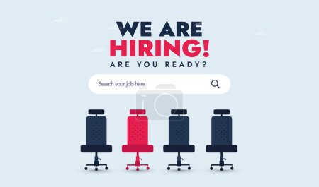 Illustration for We are hiring. We're hiring social media cover banner with empty office chairs ready to be equipped having a vacant sign. Job recruitment cover banner in sky blue colour. Recruitment process concept - Royalty Free Image