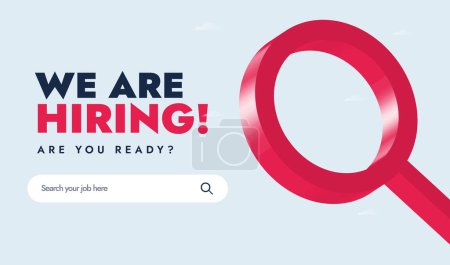 We are hiring. We are hiring announcement cover banner with a magnifying glass and a search bar. Recruitment agency advertising post. Recruitment post concept with a search bar to search for jobs
