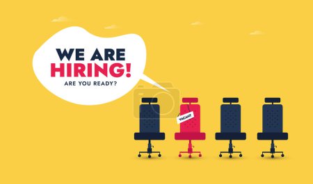 Illustration for We are hiring. We're hiring social media cover banner with empty office chairs ready to be equipped having a vacant sign. Job recruitment cover banner in yellow colour. Recruitment process concept - Royalty Free Image