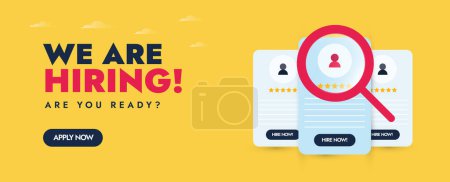 Illustration for We are hiring. We are hiring announcement banner with magnifying glass zooming in different CVs. Hiring post concept banner in yellow colour. Recruitment agency, company banner template. Job hiring. - Royalty Free Image